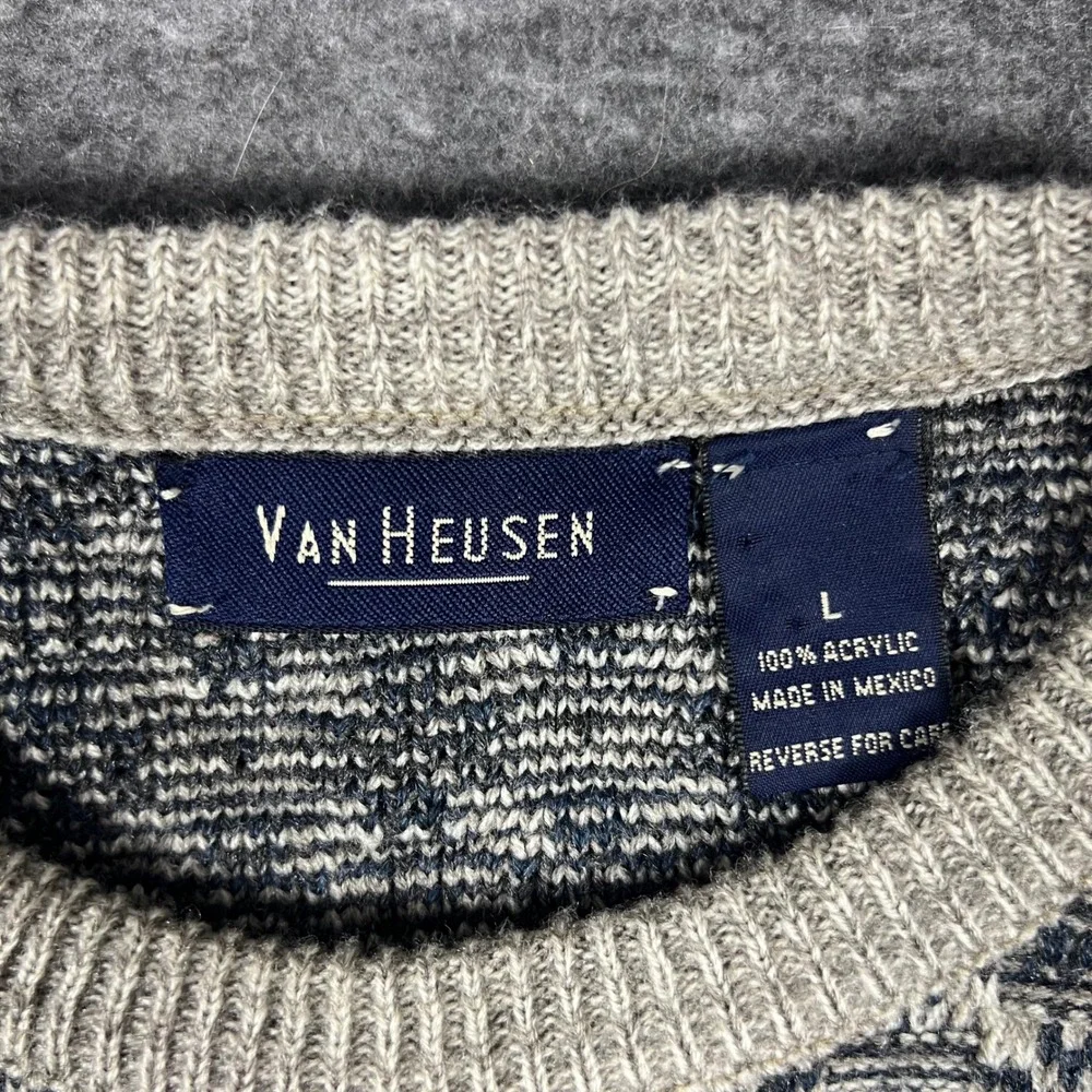 Van Heusen Chunky Sweater Mens Large Gray Blue Grandpa Fisherman Boxy Old Money